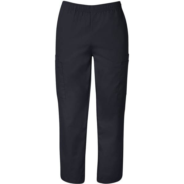 Unisex scrubs pant in navy blue with an elastic waistband and side pockets, featuring a logo.