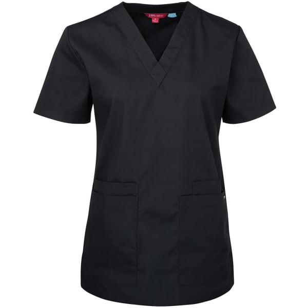 A black ladies' scrubs top with a V-neck and short sleeves, featuring two front pockets and a logo.