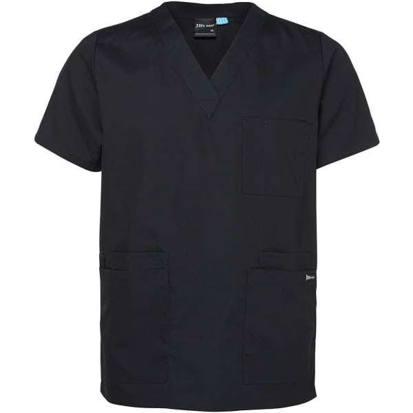 A black unisex scrubs top featuring a v-neck design and two front pockets. It includes a logo on the chest.