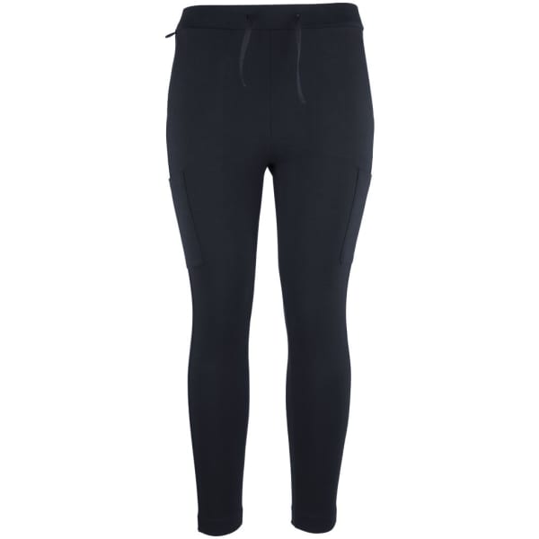 A pair of black ladies' stretch ponte pants featuring side pockets and a drawstring waist.
