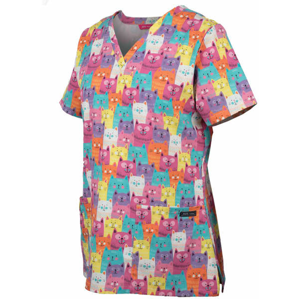 A ladies scrub top in various colours featuring a playful cat print, with a logo on the side.