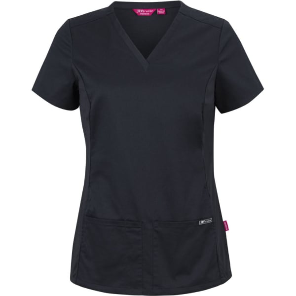 A black ladies' scrub top with a V-neck, short sleeves, and two front pockets. Features a logo.
