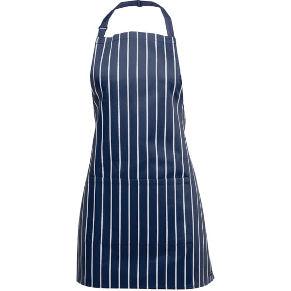 A navy blue apron with white vertical stripes, featuring a neck strap and a front pocket. It has a logo on it.