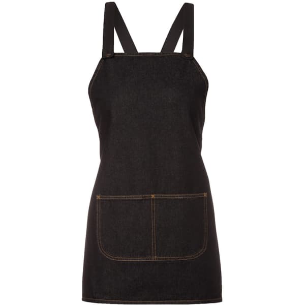 A black denim bib apron with cross back straps and a front pocket. Includes a logo at the bottom.