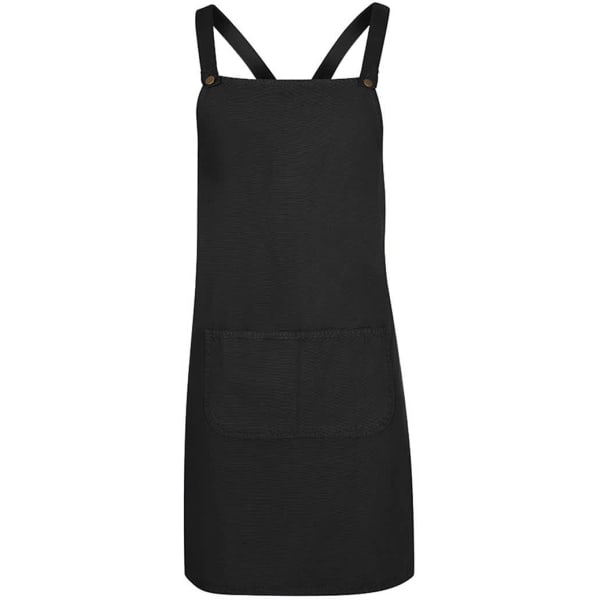 A black cross-back canvas apron featuring adjustable straps and a front pocket. It has a simple design and a logo.