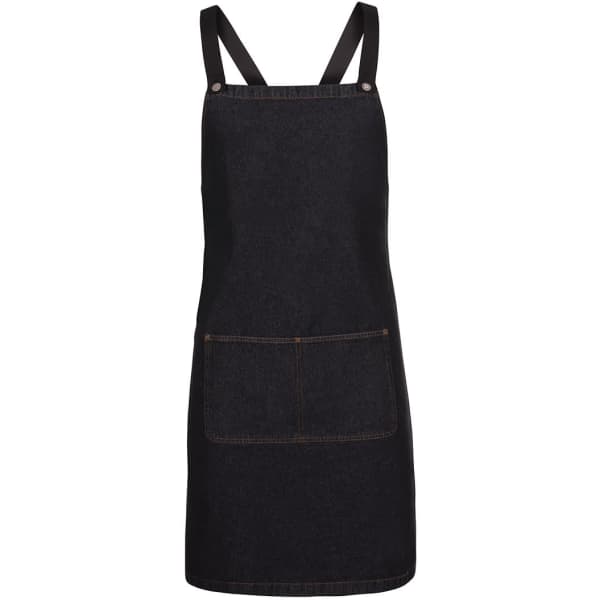 A black denim apron with cross back straps and a front pocket, featuring a logo.