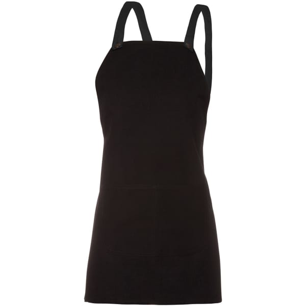 A black canvas apron with a cross-back design and two front pockets. It features straps without a neck strap.