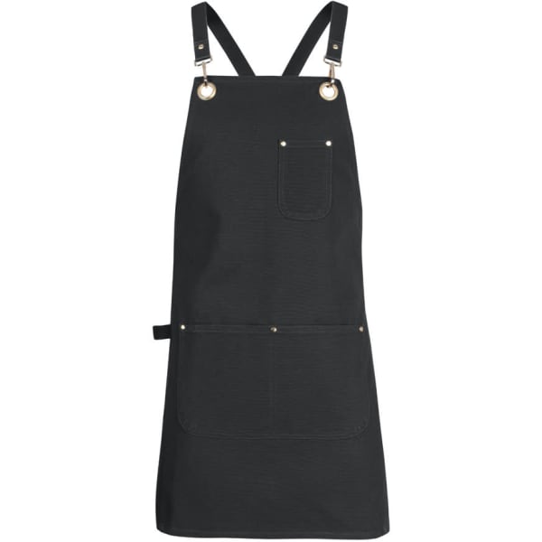 A black canvas apron with brass eyelets, featuring a front pocket and adjustable straps.