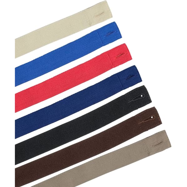 A set of changeable cross back apron straps in beige, blue, red, navy, black, and brown, featuring a logo.