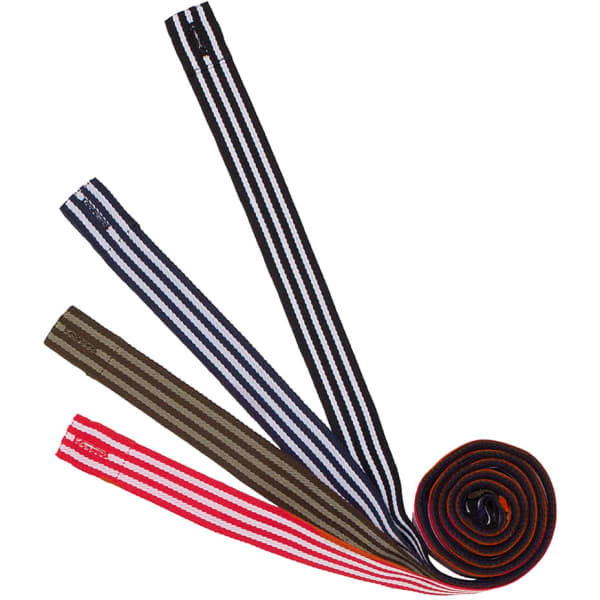 A set of changeable yarn dyed cross back apron straps in black, brown, red, and grey with stripes, rolled together.