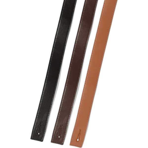 Three changeable PU cross back apron straps in black, brown, and tan, featuring smooth finishes and a logo.