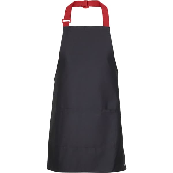 A black apron with red straps featuring a logo. It has a minimalist design and an adjustable neck strap.