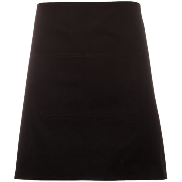 A black canvas apron with a pocket at the front and a strap. The product has a logo.