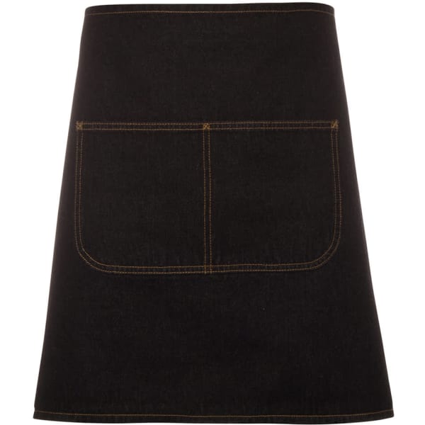 A black denim waist apron featuring a large front pocket and contrasting stitching. It includes a strap for secure wear.