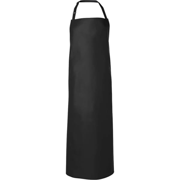 A black vinyl apron measuring 120x90 cm, featuring a neck strap and a branding logo.
