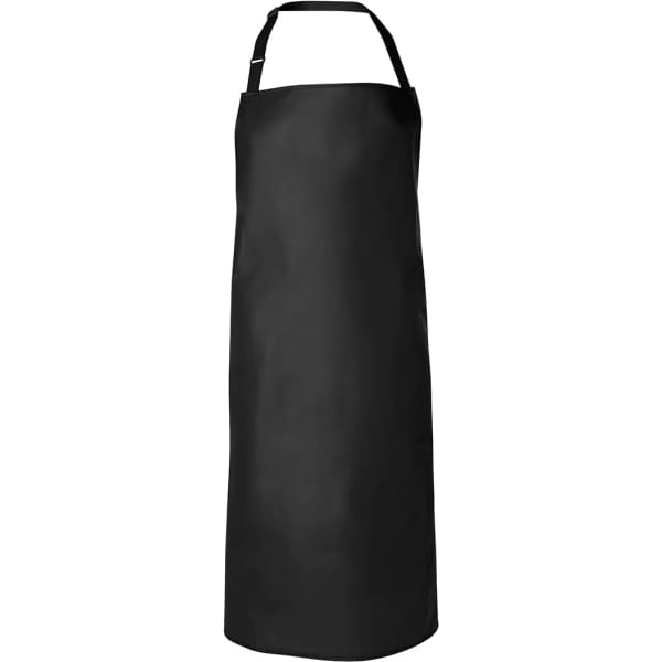 A black vinyl bib apron with adjustable straps, featuring a logo or branding.
