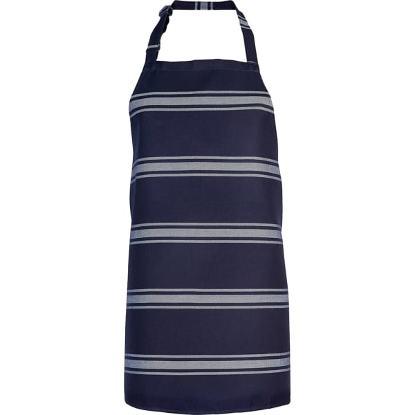 A navy apron featuring horizontal stripes in lighter shades, with a halter neck design and a logo.