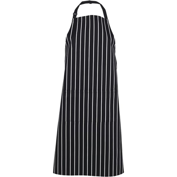 A black and white striped apron, featuring a neck loop and a waist tie. It has a logo on the front.