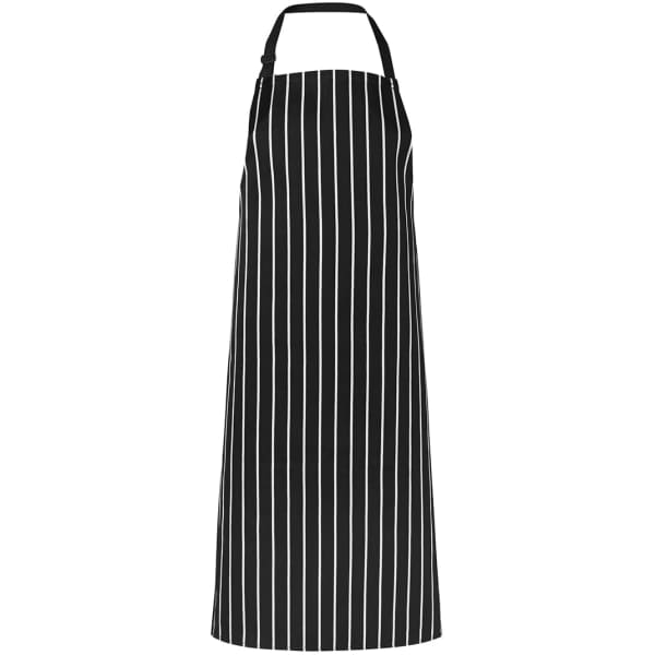 A striped black apron without a pocket, featuring adjustable neck ties and a branding logo.