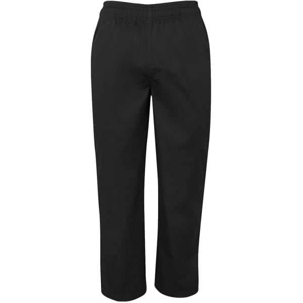Black elasticated pants with a relaxed fit, featuring an elastic waistband and no visible logos or branding.