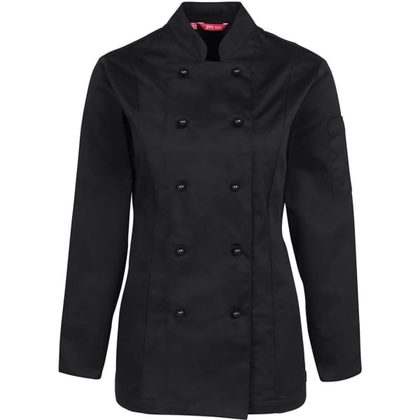 A black ladies' long sleeve chef's jacket with a double-breasted front and a side pocket, featuring a logo.