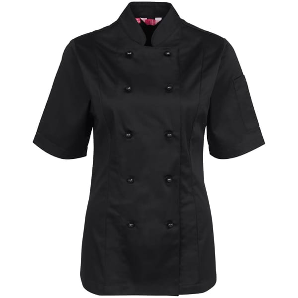 A black short-sleeve chef's jacket featuring a double-breasted design and a logo on the sleeve.