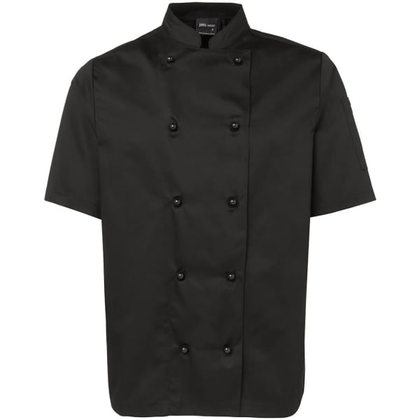 A short-sleeved black chef's jacket featuring a double-breasted design and buttons, with a brand logo.