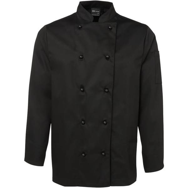 A black long-sleeve chef's jacket with double-breasted buttons and a side pocket. It features a logo on the sleeve.