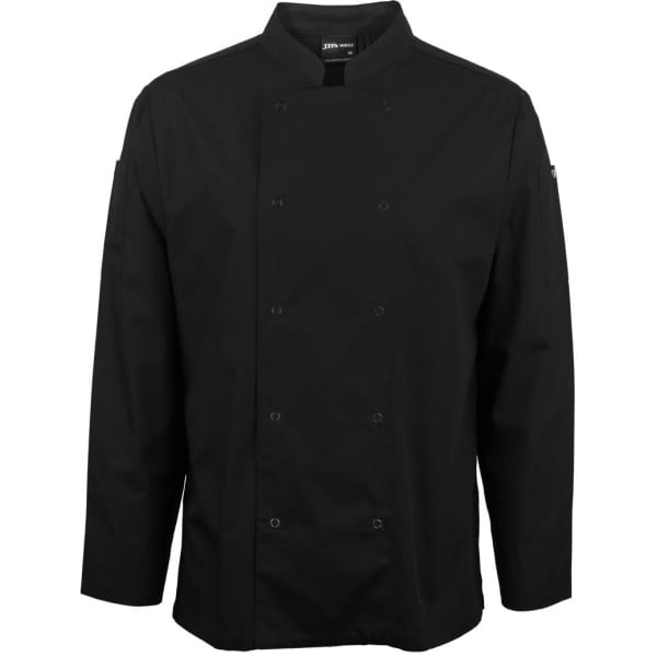 A black long-sleeve chef's jacket with snap buttons and a logo on the sleeve.
