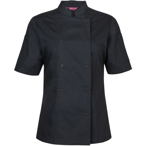 A black ladies' short-sleeve chef's jacket with snap buttons and a collar, featuring a logo on the garment.