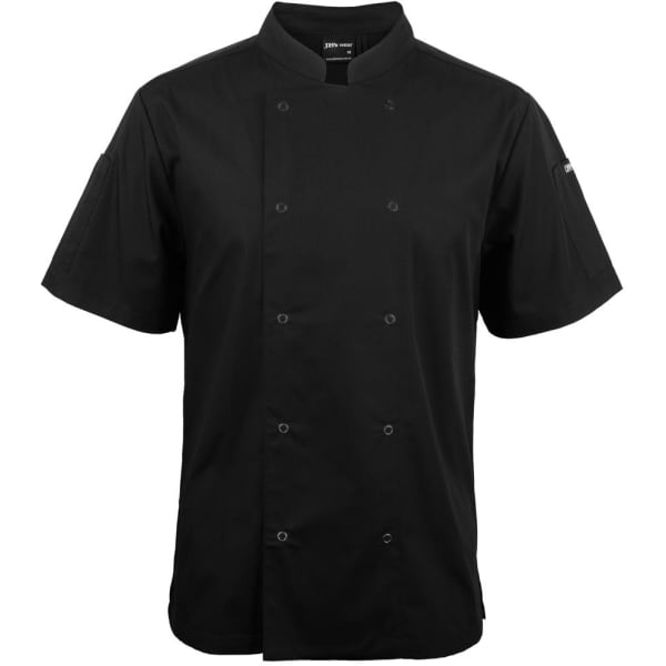 A black short-sleeve chef's jacket featuring snap buttons and a logo on the left side.