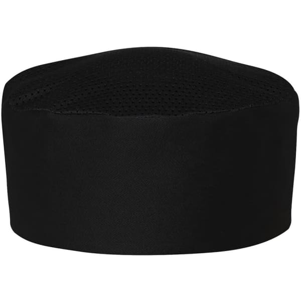 A black chef's vented cap with mesh detailing on the top for breathability.