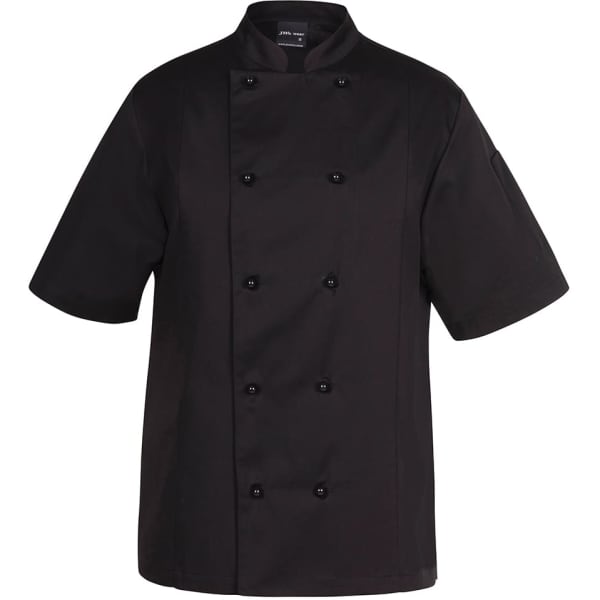 A black short-sleeve chef's jacket with a double-breasted design and buttons. Features a logo on the arm.