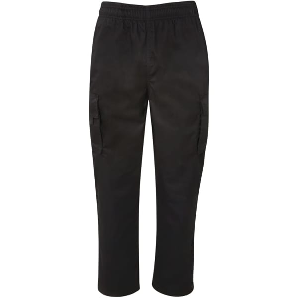 Elasticated cargo pants in black with side pockets, featuring a comfortable fit and an elastic waistband.