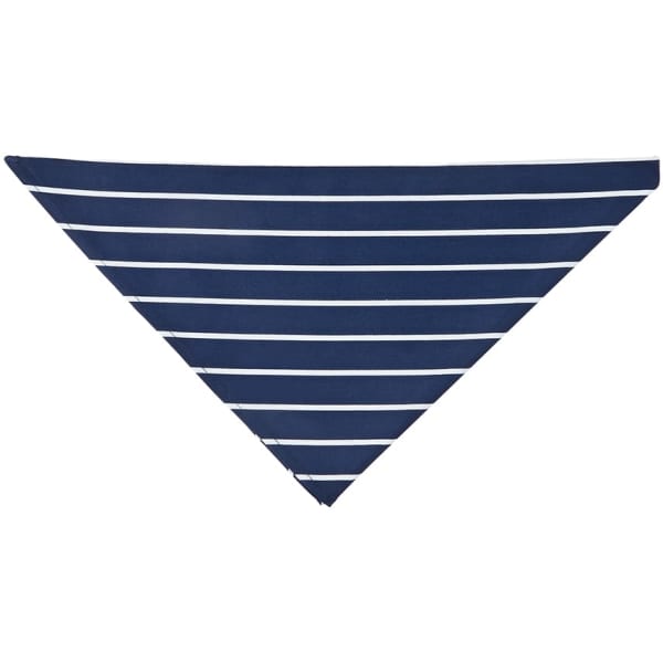 A navy and white striped chefs scarf with a triangular design. It features a logo.