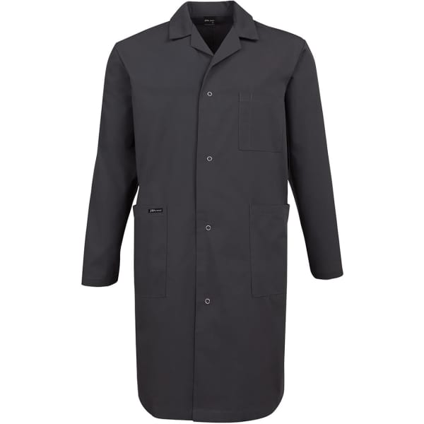A dark grey lab coat with long sleeves, a front pocket, and a button-up design. It features a logo on the side.