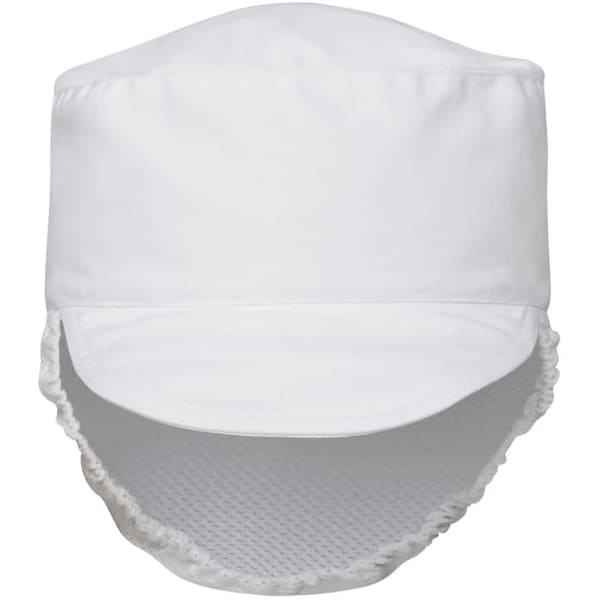 A white food prep hat with a textured back and a curved brim, featuring a branding logo.