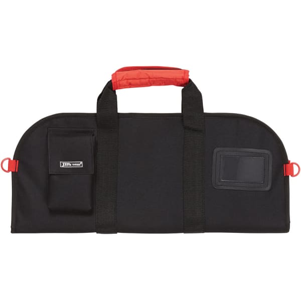 A black and red chef's knife bag with dual handles and a front pocket, featuring a logo.