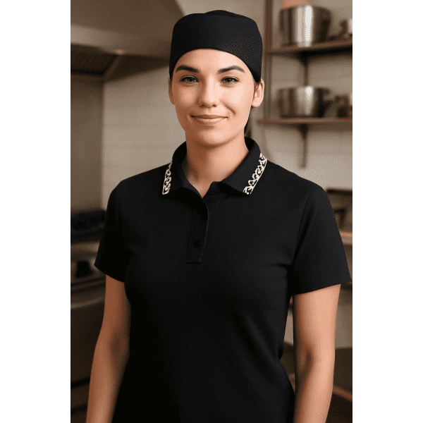 A black ladies' chef polo shirt featuring white detailing around the collar and a branding logo.