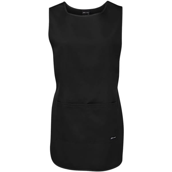 A black sleeveless smock with a front pocket, featuring a brand logo.