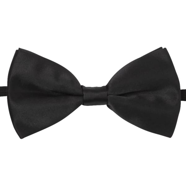 A black satin bow tie with a smooth finish, featuring a central knot and adjustable strap.