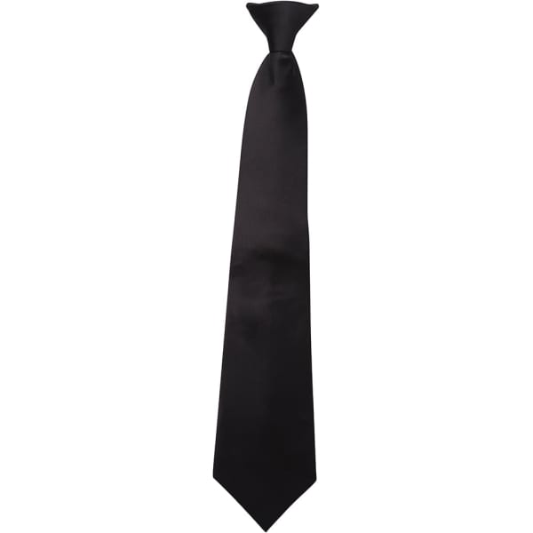 A set of five black clip-on ties displayed in a vertical arrangement, featuring a smooth finish and pointed ends.