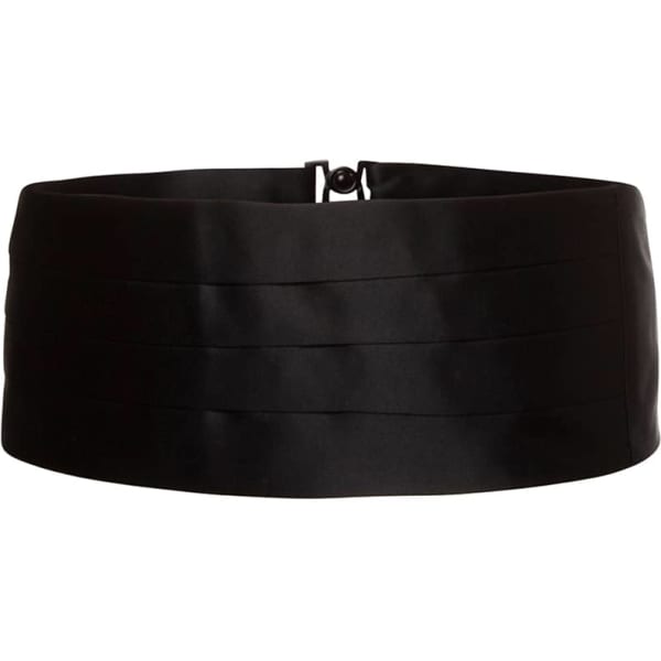 A black cummerbund with pleats, featuring a clasp for fastening. It has a sleek, formal design.