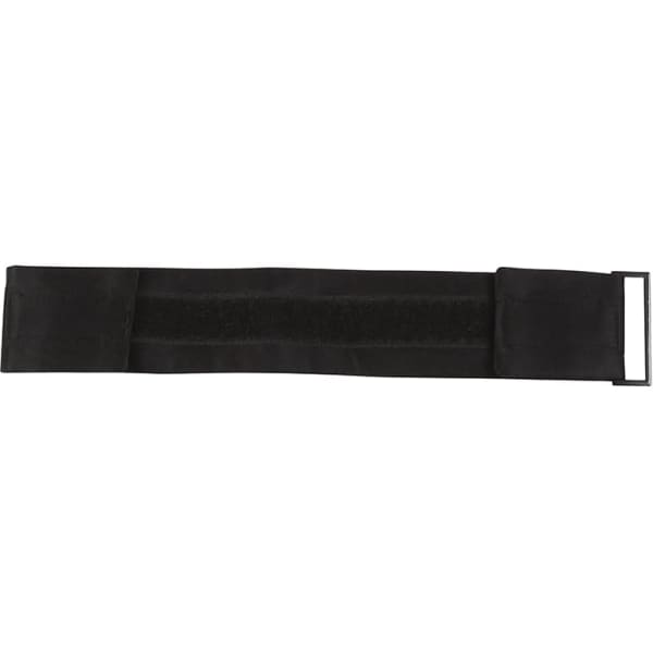 A black cummerbund extender featuring a looped section and a metal buckle. It includes a logo on the material.