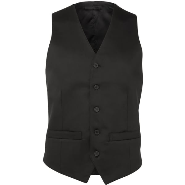 A black vest featuring a classic design with a front button closure and two pockets. It includes a branding logo.