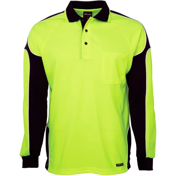 A long-sleeve polo featuring a high-visibility yellow body with black arm panels and a pocket. It has a logo on it.