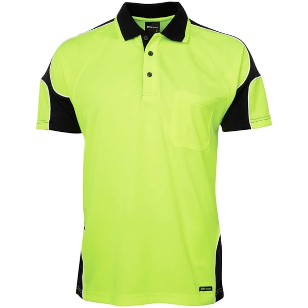 A bright yellow and black polo shirt featuring short sleeves and a pocket, with a branding logo.