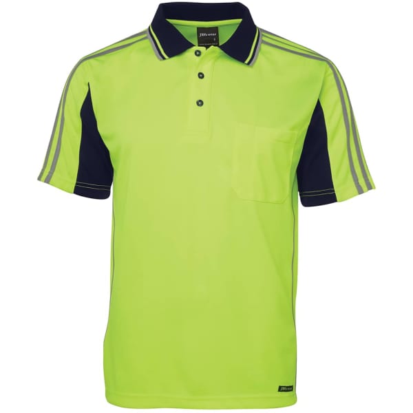 A short-sleeved polo shirt in high visibility lime green with navy blue accents and a pocket. Features a logo.