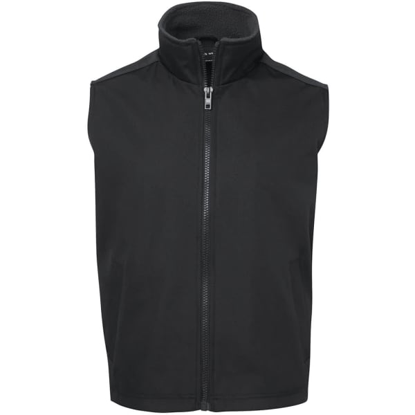 A black sleeveless vest with a high collar and a front zip, featuring a logo on one side.
