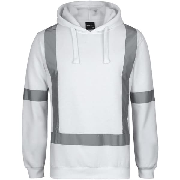 A white fleece hoodie featuring reflective tape stripes and a hood. The design includes a logo.